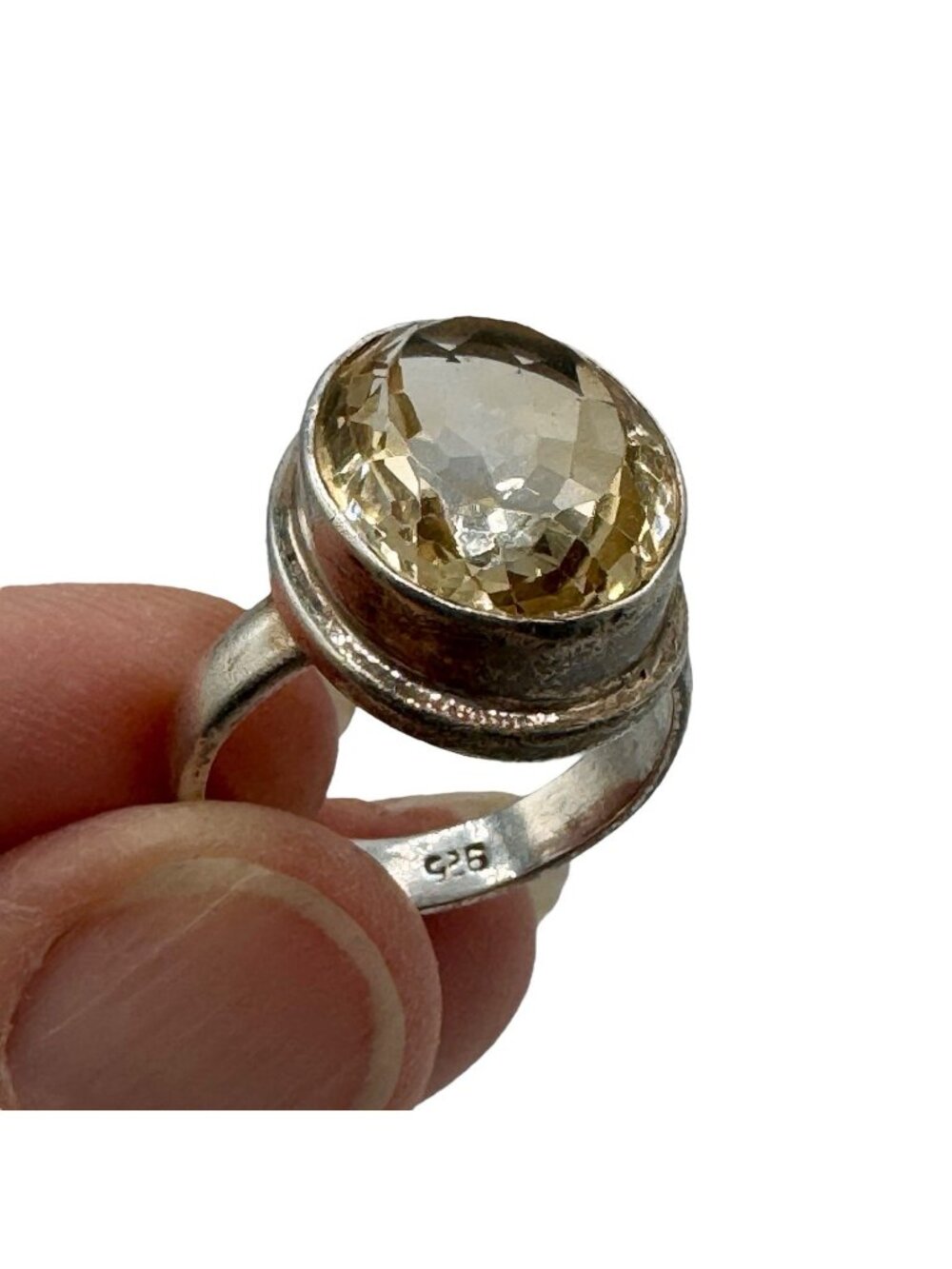 Citrine and Sterling Statement Ring Large Faceted Oval Pale Yellow Gemstone 6.25